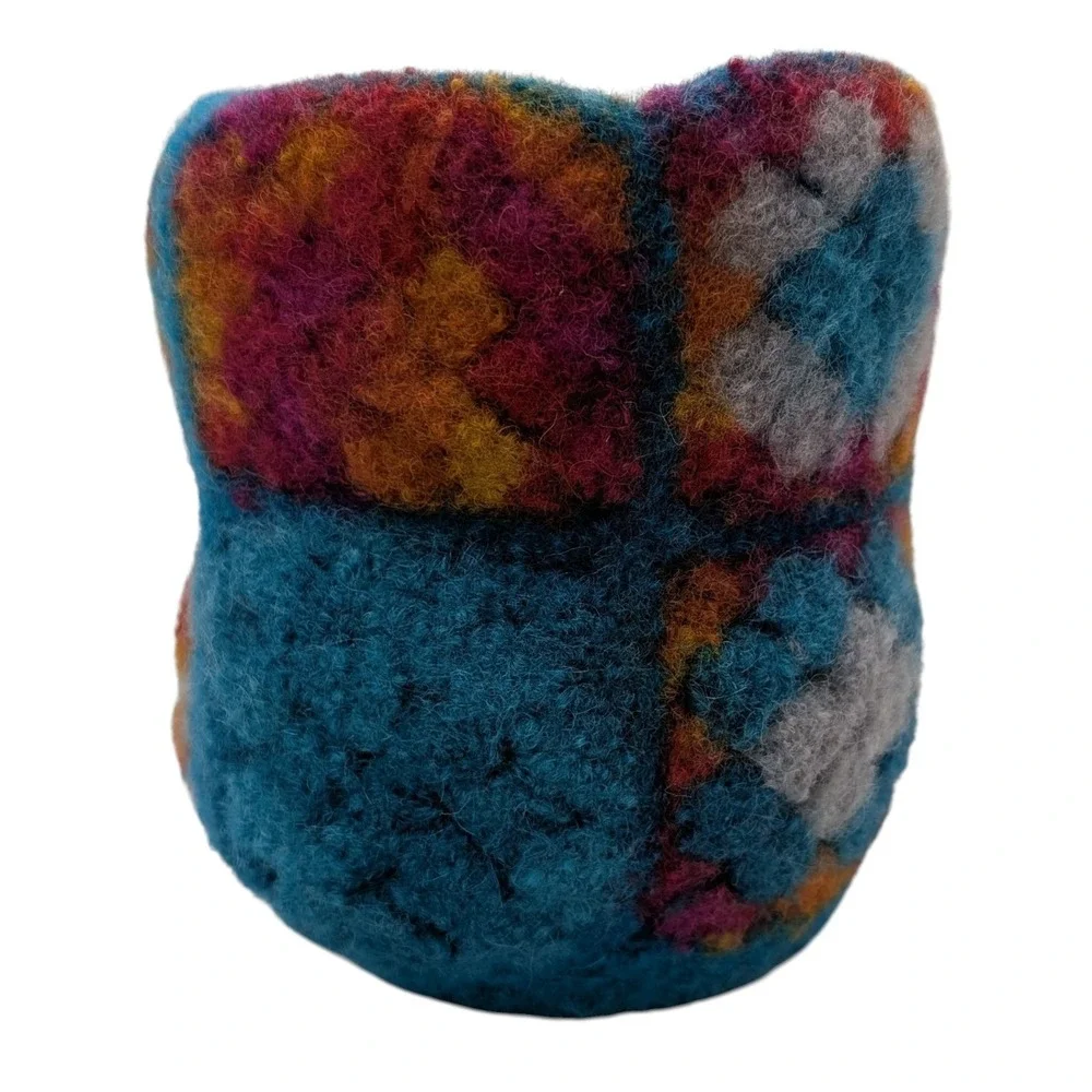 Vintage Handmade Felted Basket Crocheted Turquoise Round Granny Square Wool